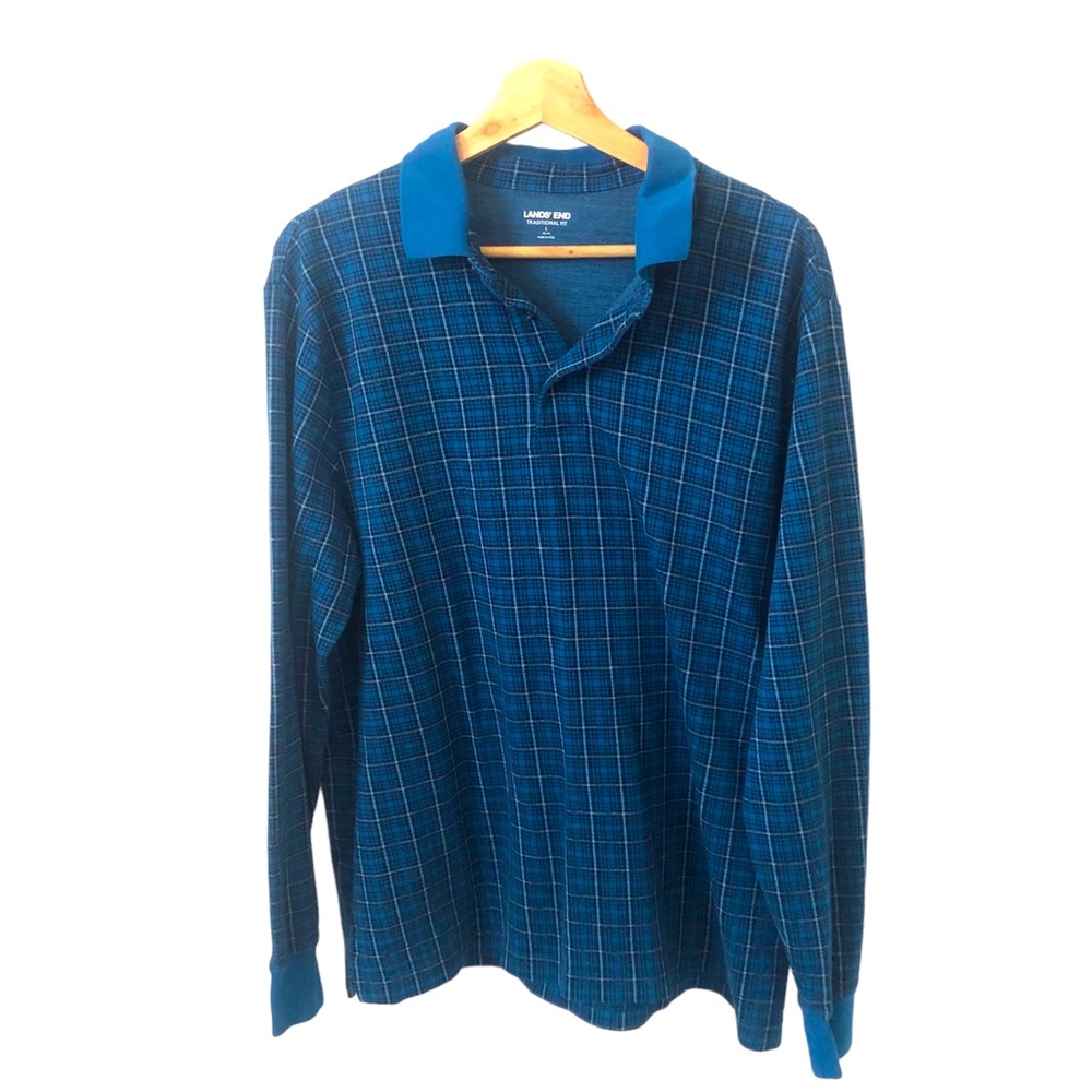 LAND’S END Men’s Blue Plaid Knit Long Sleeve Polo NWOT Size Large
